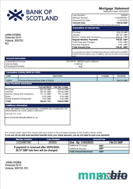 Wielka Brytania Bank of Scotland wyciąg z kredytu hipotecznego w formatach Word i PDF